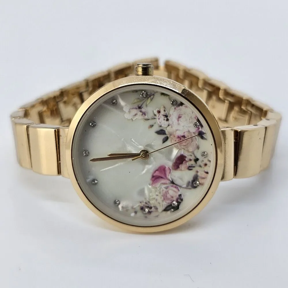 34MM Flowers Dial‎ Women's Watch Gold Tone Bracelet Band 7.25